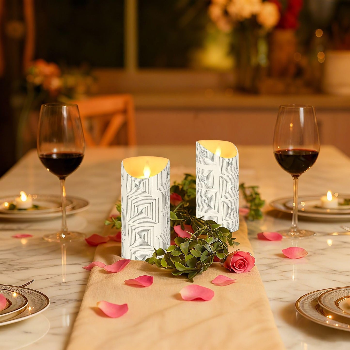 Gravopti Square Lines 2 Pack Flameless LED Pillar Candles with Remote & Timer, Battery Operated, Flickering Wax Candle for Wedding, Romantic Home & Party Decor