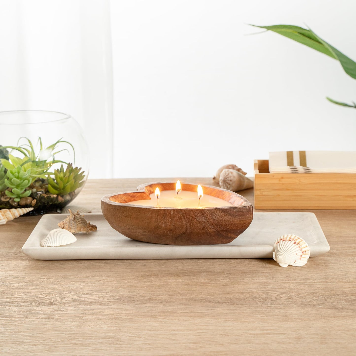 Restaurantware-Coco Casa 7.1 x 5.5 x 2 Inch Heart Wood Dough Bowl Candle, 1 Handpoured Bread Bowl Candle - Coconut Mango Fragrance, Double Wax Blend, Soy Wax Scented, Cotton Wick