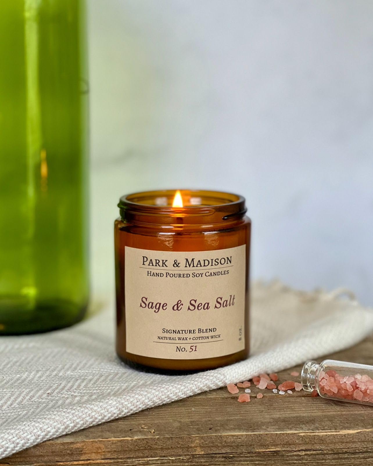 Park & Madison Sea Salt & Vetiver Soy Candle – Refreshing Earthy Scent with Ocean Air, Aquatic Florals & Warm Musk – Eco-Friendly Amber Jar, Non-Toxic, Long-Lasting Scented Candle (4 oz)
