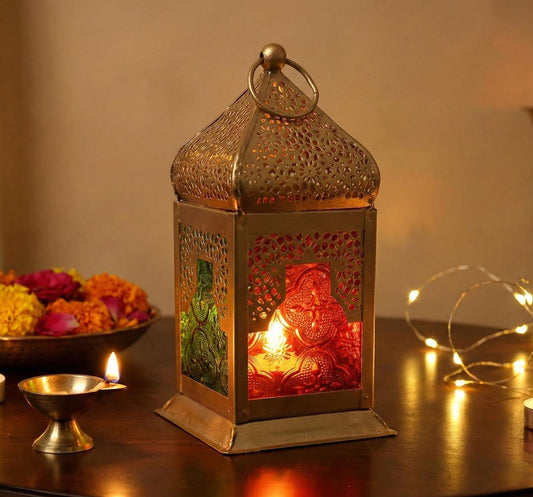 eSplanade Moroccan Lantern | Colored Glass Hanging Lamp | Tealight Holder | Home Decor | Red-Golden - 6.5" Inches (Multi-Golden)