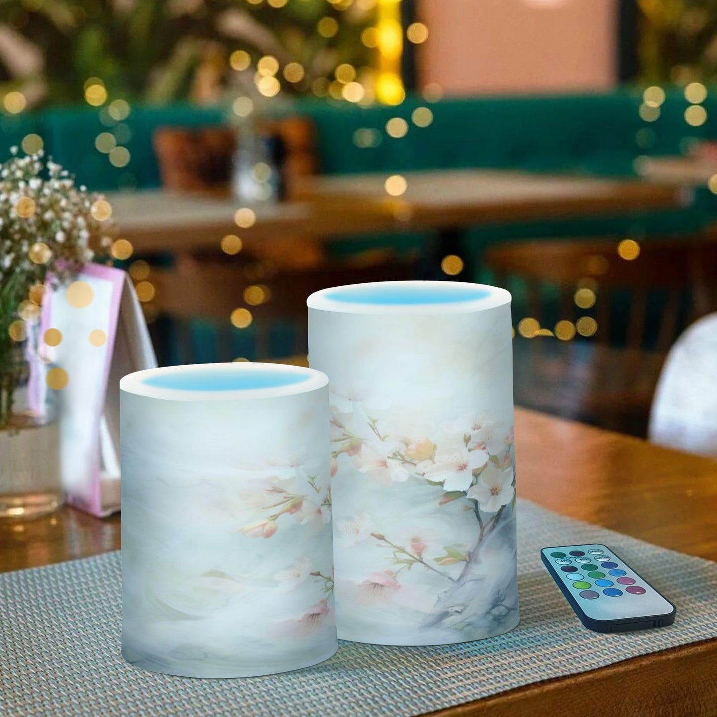 ALAZA Spring Cherry Blossom Flowers Flickering Flameless Candles Battery Operated with Remote Timer,Tea Light Candles LED Pillar Votive Candles Set of 2 for Outdoor Indoor Decorations