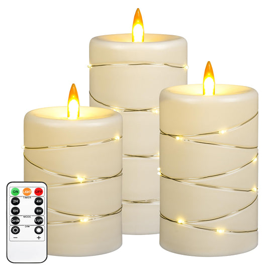 Da by 3 Pack Ivory Flameless Taper Candles, Realistic Flickering LED Candles with Surrounding Fairy String Lights, Heat Resistant ABS Battery Candles with Remote for Indoor Outdoor Decor