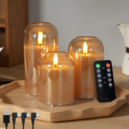 Rechargeable Glass Jar Flameless Candles, Realistic Flickering LED Pillar Real Wax Candle with Remote and Timer,LED Candles Warm Color Flickering Light for Festival Home Party Decor(Pack of 3)-Gold