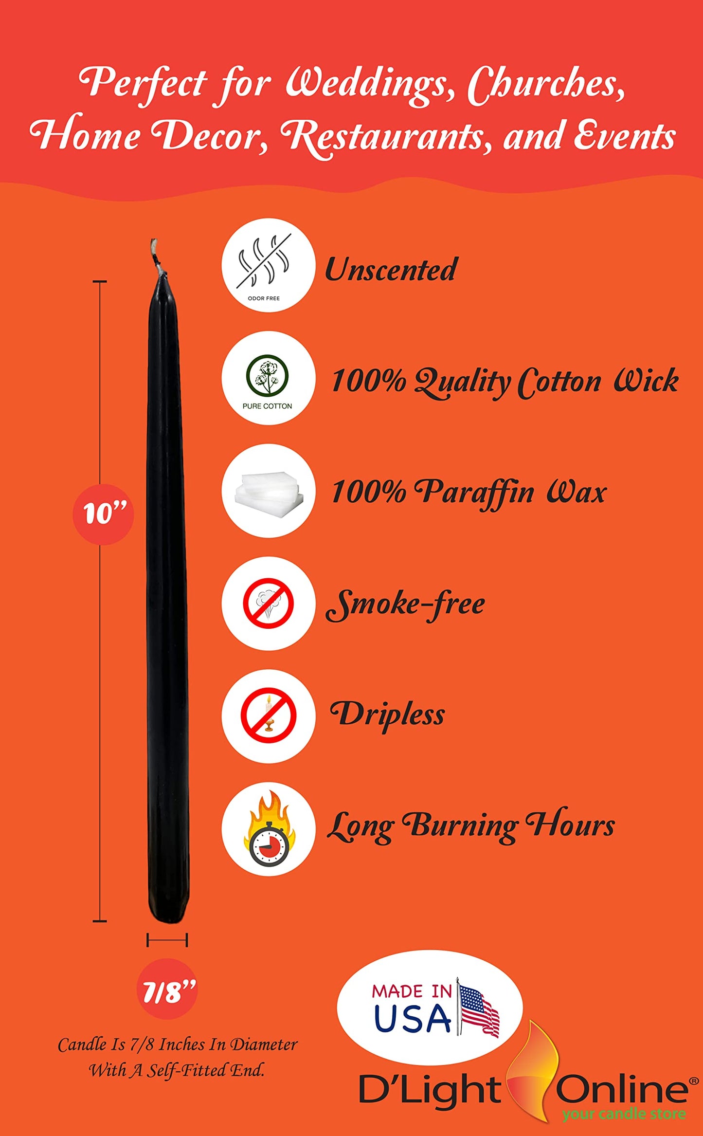 D'light Online Elegant 10" Unscented Holiday Taper Candles for Halloween - Premium Quality Candles Hand-Dipped Tapered Candles, Dripless and Smokeless - Set of 12 (10 Inch, Spooky)