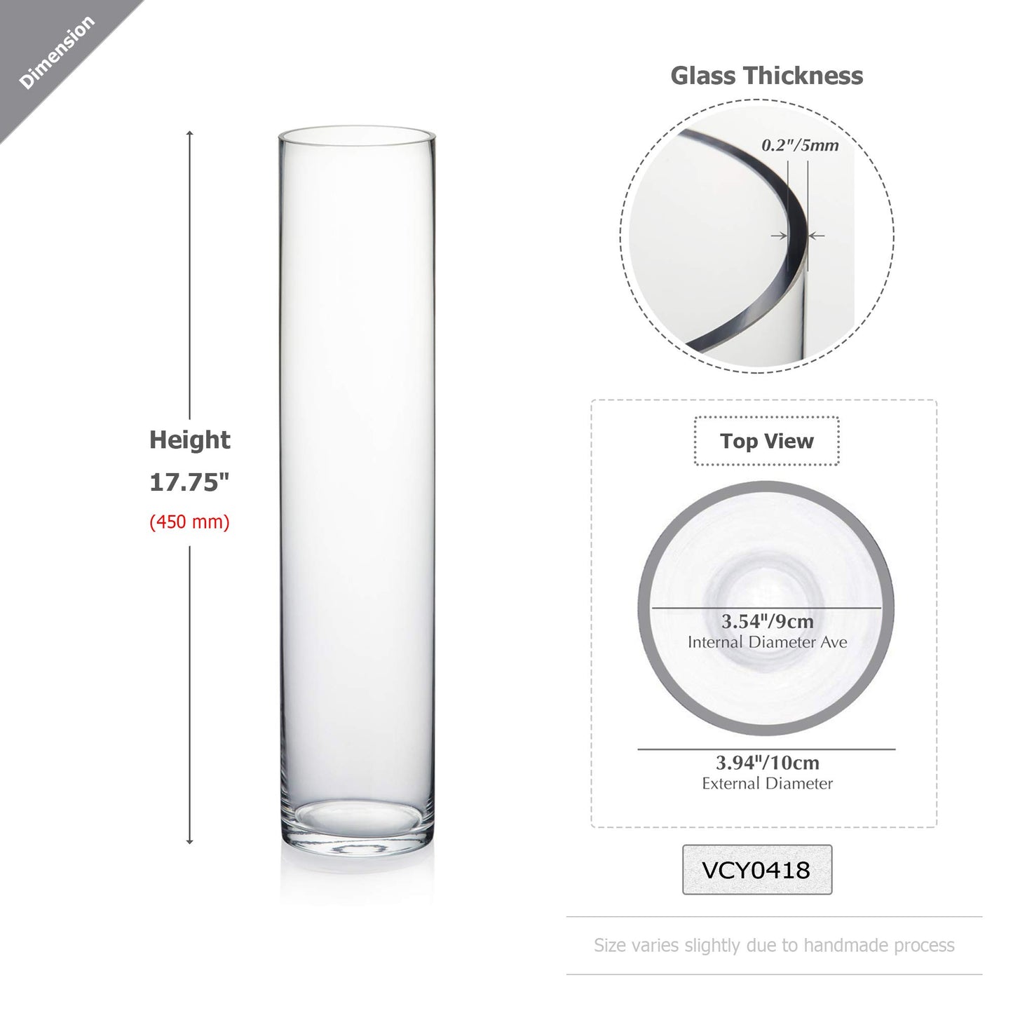 WGVI Quality Thick Weighted Tall Clear Cylinder Glass Vases, 4" W x 18" H, Flower Arrangement Floating Candle Holders Wedding Centerpieces Event Floral Container Artistic Display Home Decor, 1 Piece