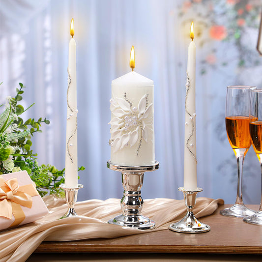 Irenare Unity Candles with Holder for Wedding Ceremony Wedding Decortions Accessories Glass Candle Holder Pillar Candle for Formal Events Church(Silver)