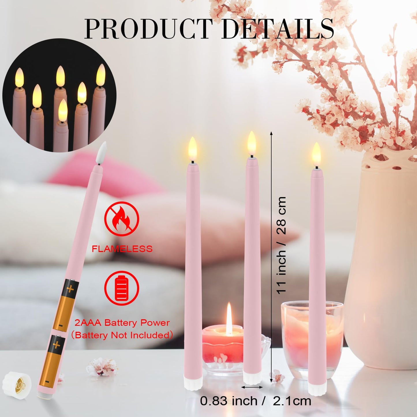 Handepo 48 Pack Flameless Taper Candles Realistic with Yellow Flickering Candlelights Plastic 11 Inch Last Long Battery Operated Window Candlestick for Halloween Christmas(Pink)