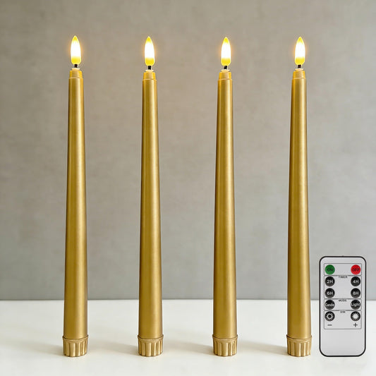 Ni-JASW Gold Flameless Taper Candles with Remote, Flickering Battery Powered LED Candlesticks Set of 4