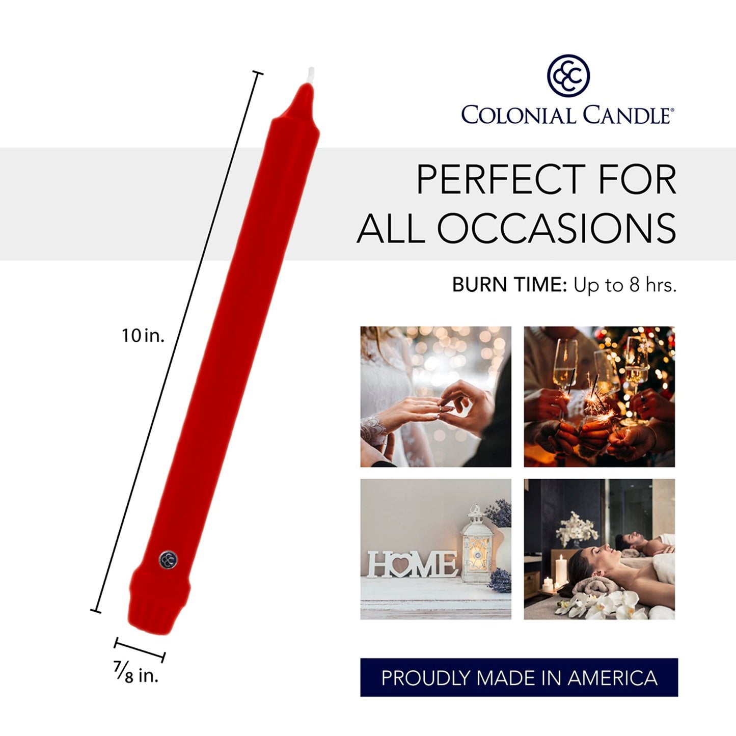 Colonial Candle Unscented Taper Candle, Classic Collection, Red, 10 in, Pack of 12 - Up to 8 Hours Burn