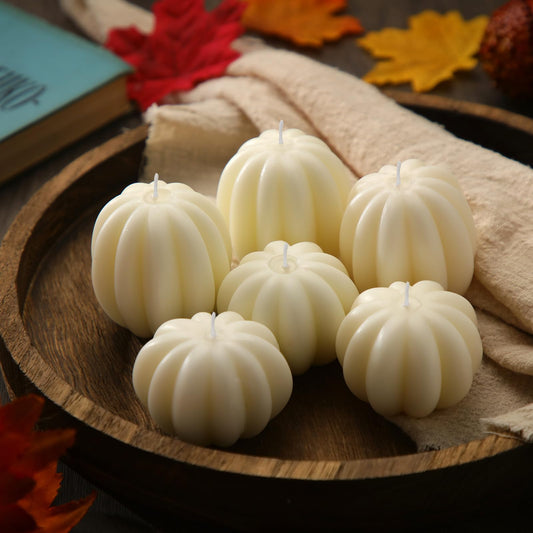 MTLEE 6 Pieces Thanksgiving Pumpkin Shaped Candle Fall White Scented Tealight Candles Home Decor Handmade Thanksgiving Gifts for Bedroom Bathroom Party