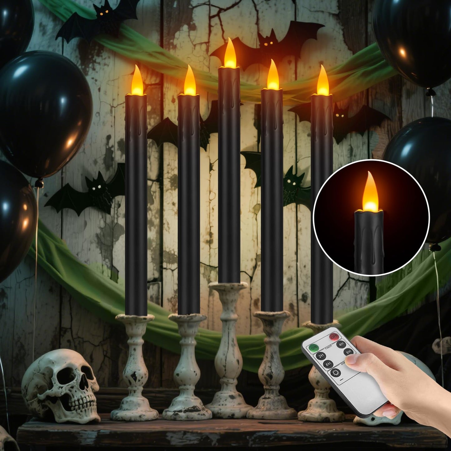 wemarry 24 Pcs Black Flameless Taper Candles with Remote, 10" Black Battery Operated Led Candlesticks with Flickering 3D Flame, Fake Taper Candles for Halloween Anniversaries Dinner Home Décor