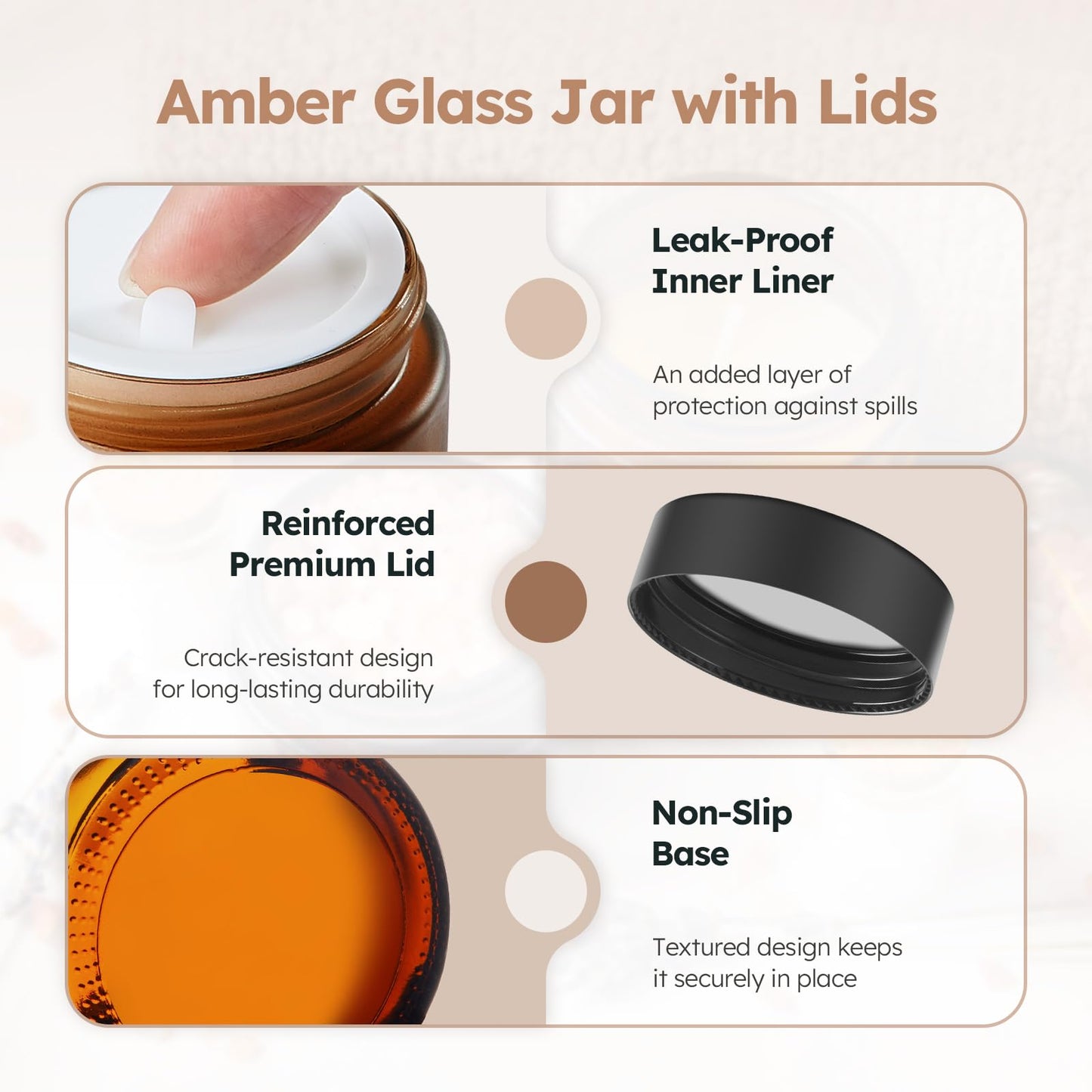 4 oz Glass Jars with Lids, 24 Pack Amber Small Glass Jars with Black Lids Leakproof Round Airtight Empty Cosmetic Travel Containers with Inner Liners For Lotions Powders and Candle Making