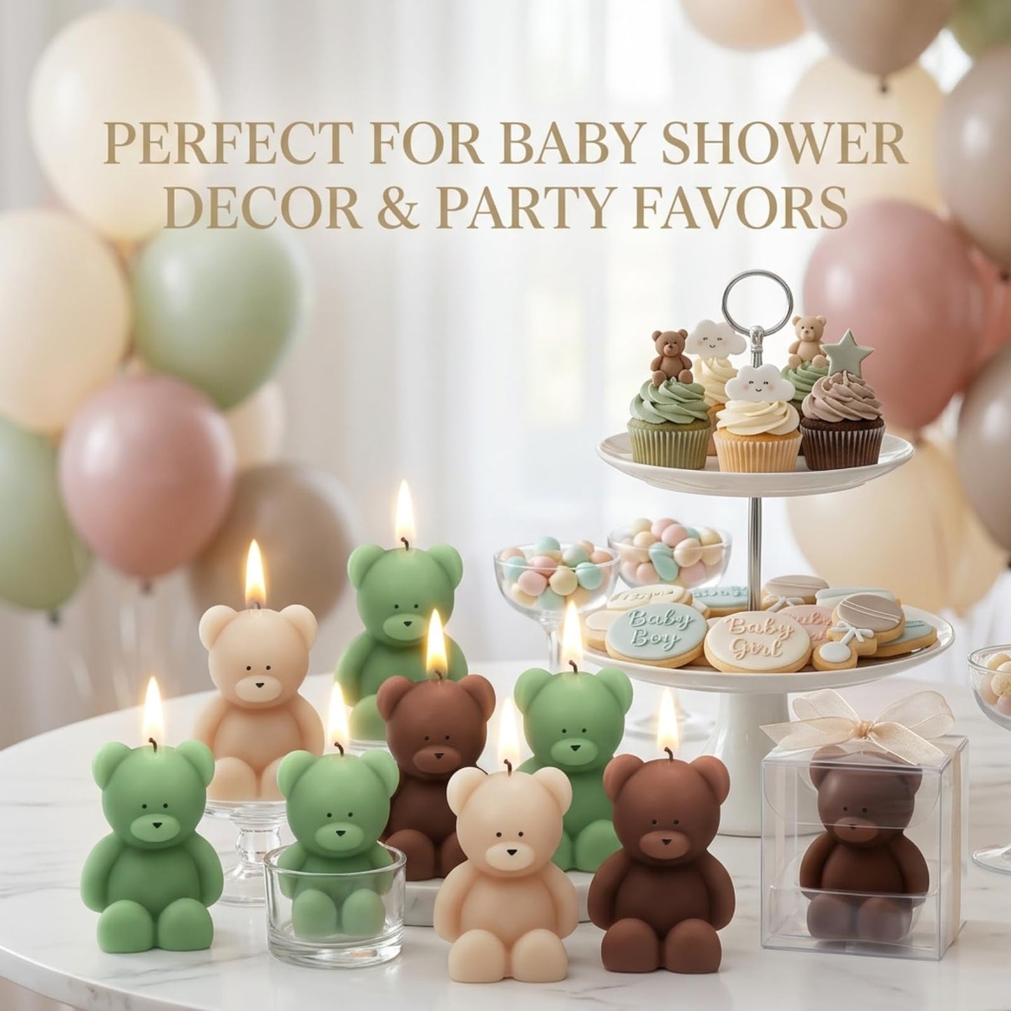 Dansib 50 Pcs Bear Baby Shower Candle Favors for Guest Bear Party Favors Baby Shower Candles Bulk for Gifts Party Decorations (Light Brown,Dark Brown,Green)