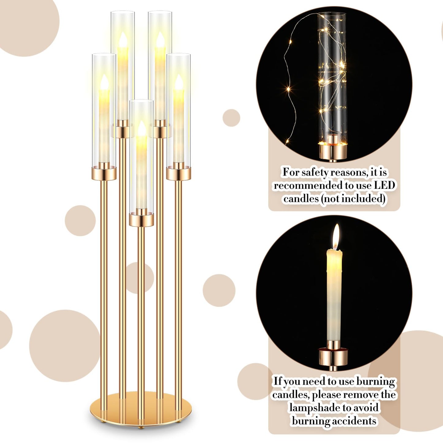 Tandefio 8 Pcs Acrylic Candelabra Centerpieces 35" Tall Clear Candle Holders Pillar Taper Candlestick with Lampshades 5 Arm Floor Candelabra Stand for Wedding Christmas Ceremony Dinner Party