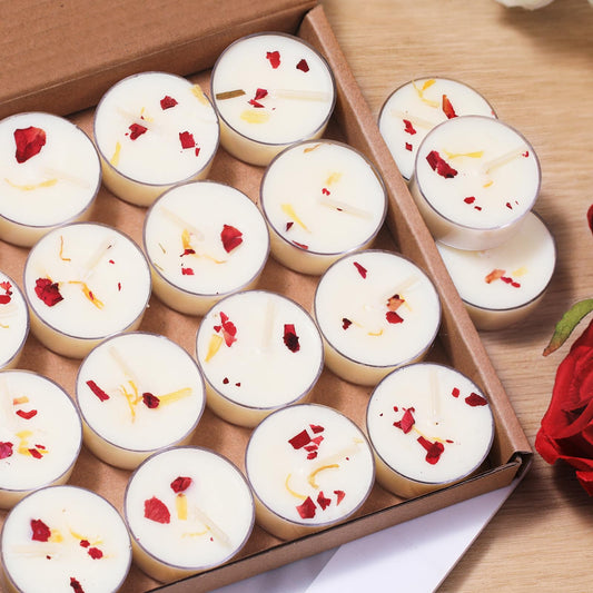 48Pcs Rose Scented Tealight Candles, Palm Wax White Tea Lights, 4h Long Burning Tea Light Candles with Dried Flowers for Holiday, Wedding, Spa, and Home Decoration