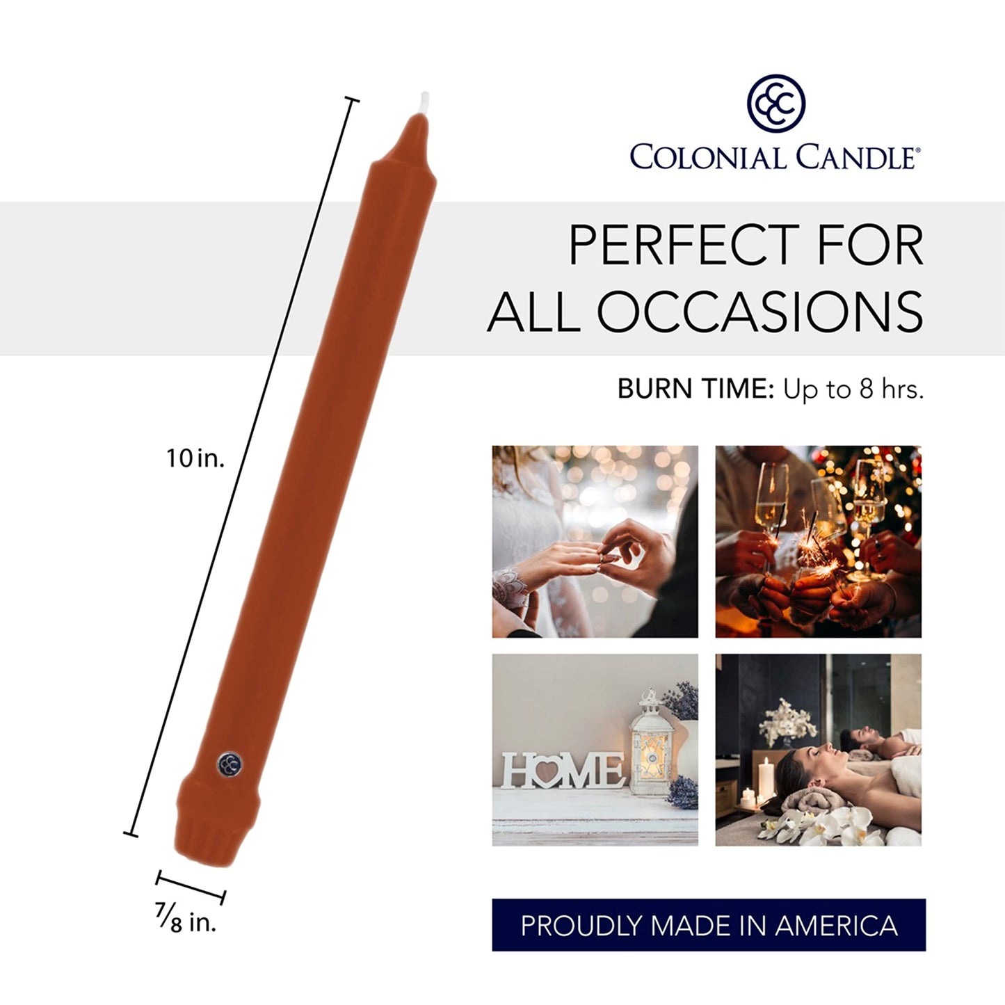Colonial Candle Unscented Taper Candle, Classic Collection, Amber, 10 in, Pack of 12 - Up to 8 Hours Burn