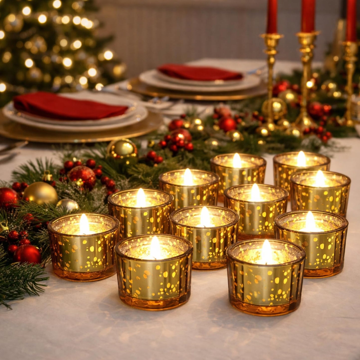 Mumufy 50 Pcs Glass Tealight Candle Holder Ribbed Votive Candle Holder for Centerpiece Wedding Proposal Spa Aromatherapy Meditation Home Decor (Gold)
