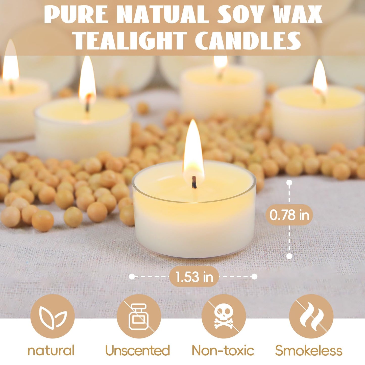 Soy Tealight Candles 120 Pack, 6 Hours Long Burning,3 inch White Floating Candle, 60 Pack