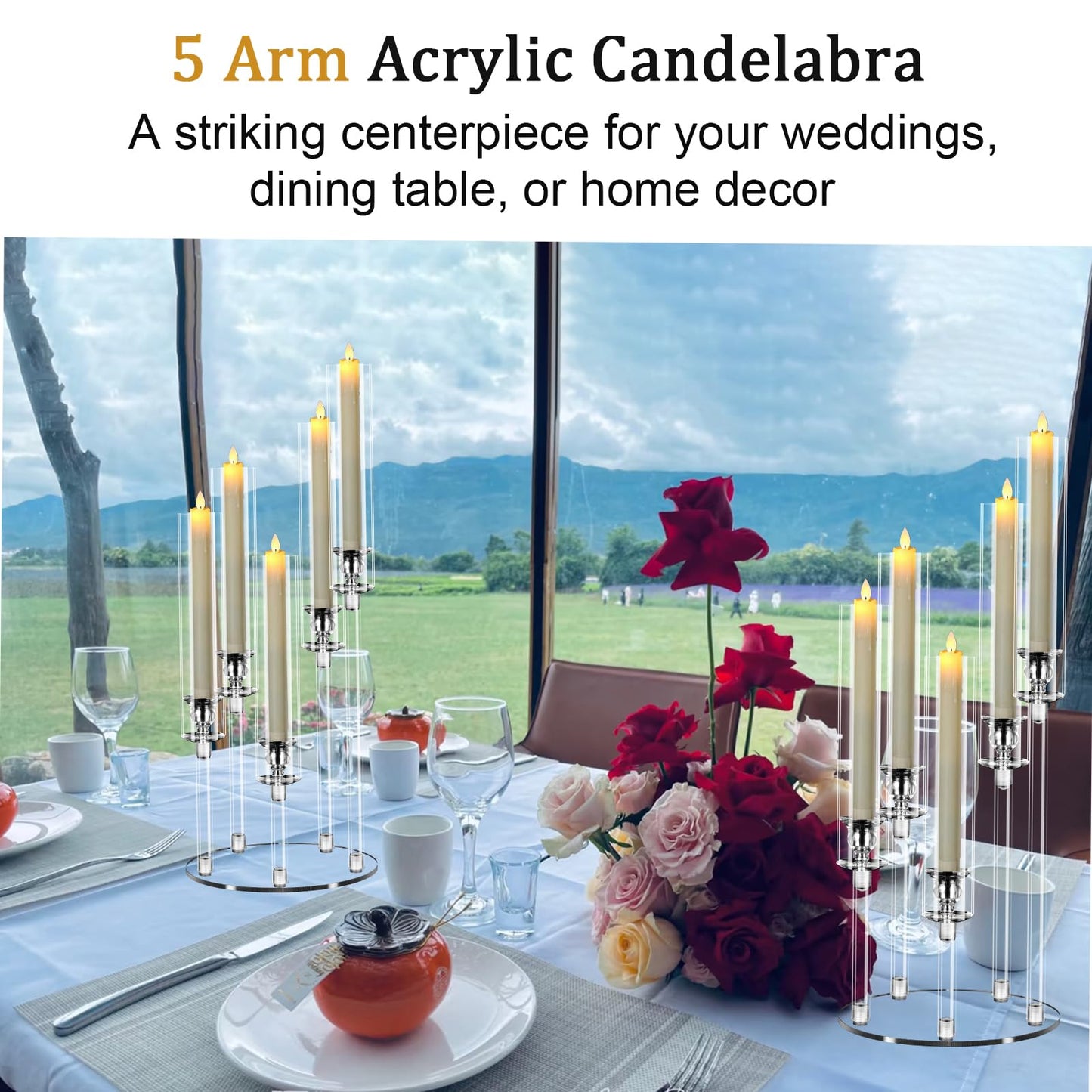 Cheloment 6 Sets 5 Arms Acrylic Candelabra Centerpieces for Tables, 23" Clear Candle Holder for Wedding Dinner Party and Home Decor,Candlesticks Holder with LED Candles
