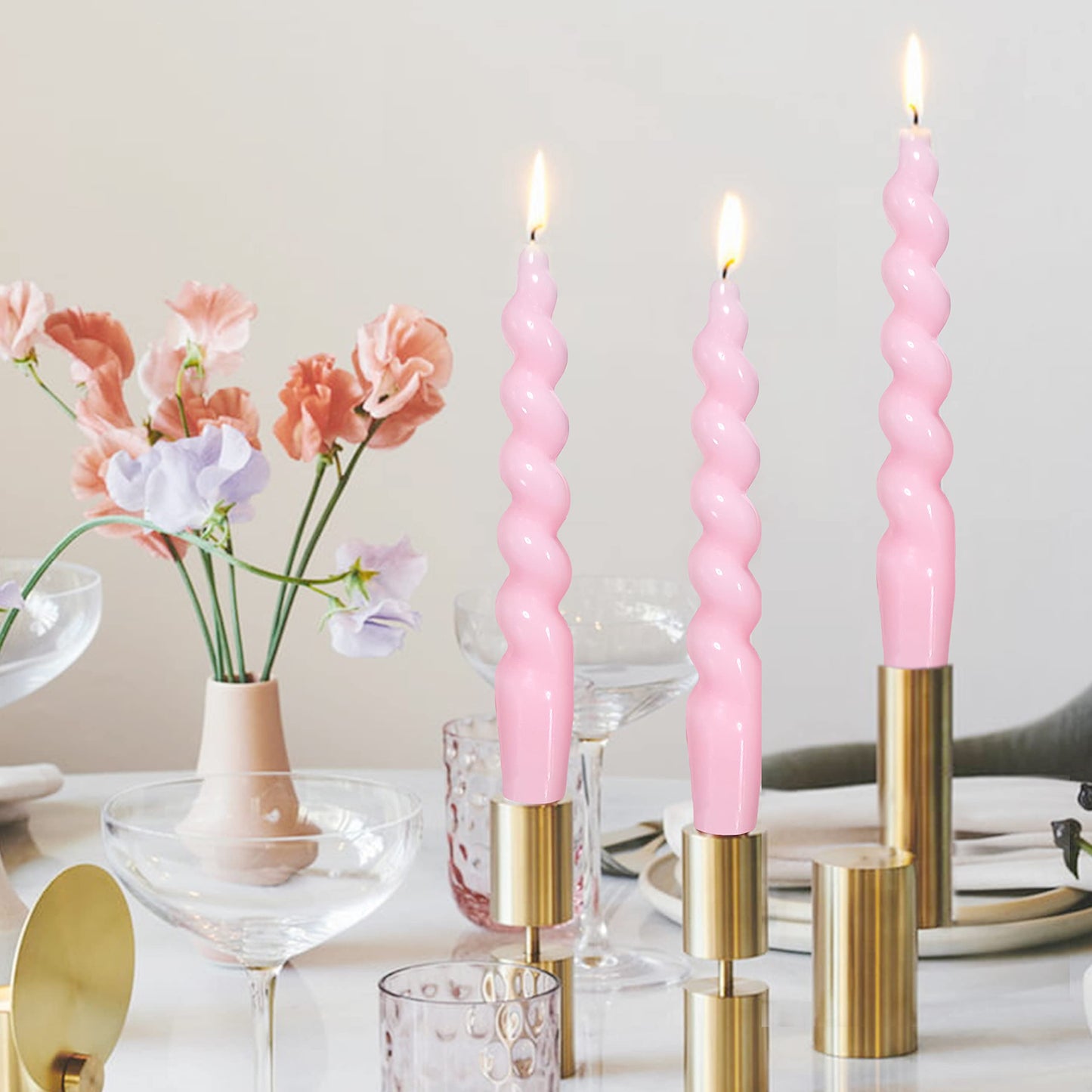 Spiral Taper Candles Stick Pink Twisted Candles H 7.5inch Wax Unscented Pink Dinner Candle Dripless for Home Decor, Relaxation & All Occasions