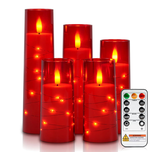 Raycare Flameless Candle with Remote Timer – 5 Flickering Acrylic Battery Operated LED Pillar Candles with Embedded Star String for Halloween, Home Decor, and as a Gift(Red)