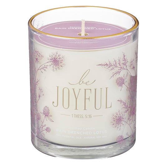 Christian Art Gifts Be Joyful Scented Candle: Soy Wax, Pure Essential Oils, Rain Drenched Lotus Scent, Bible Verse, Floral Design Glass Jar, Encouragement Gift for Women, 40 Hours Burn Time
