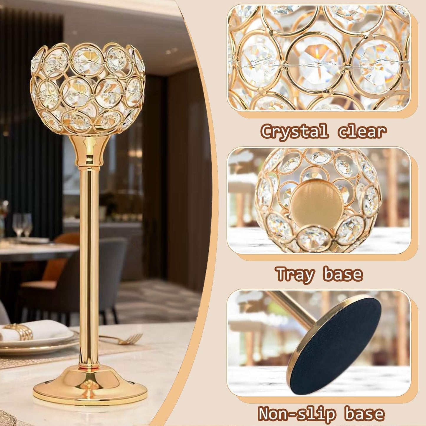HearthLume Candle Holder Candlestick Holders- 1Set Gold Crystal Pillar Candle Holders,Metal Candlestick Stands for Wedding Centerpieces,Table Decor for Church,Valentine's Day Housewarming Gift,3Pcs