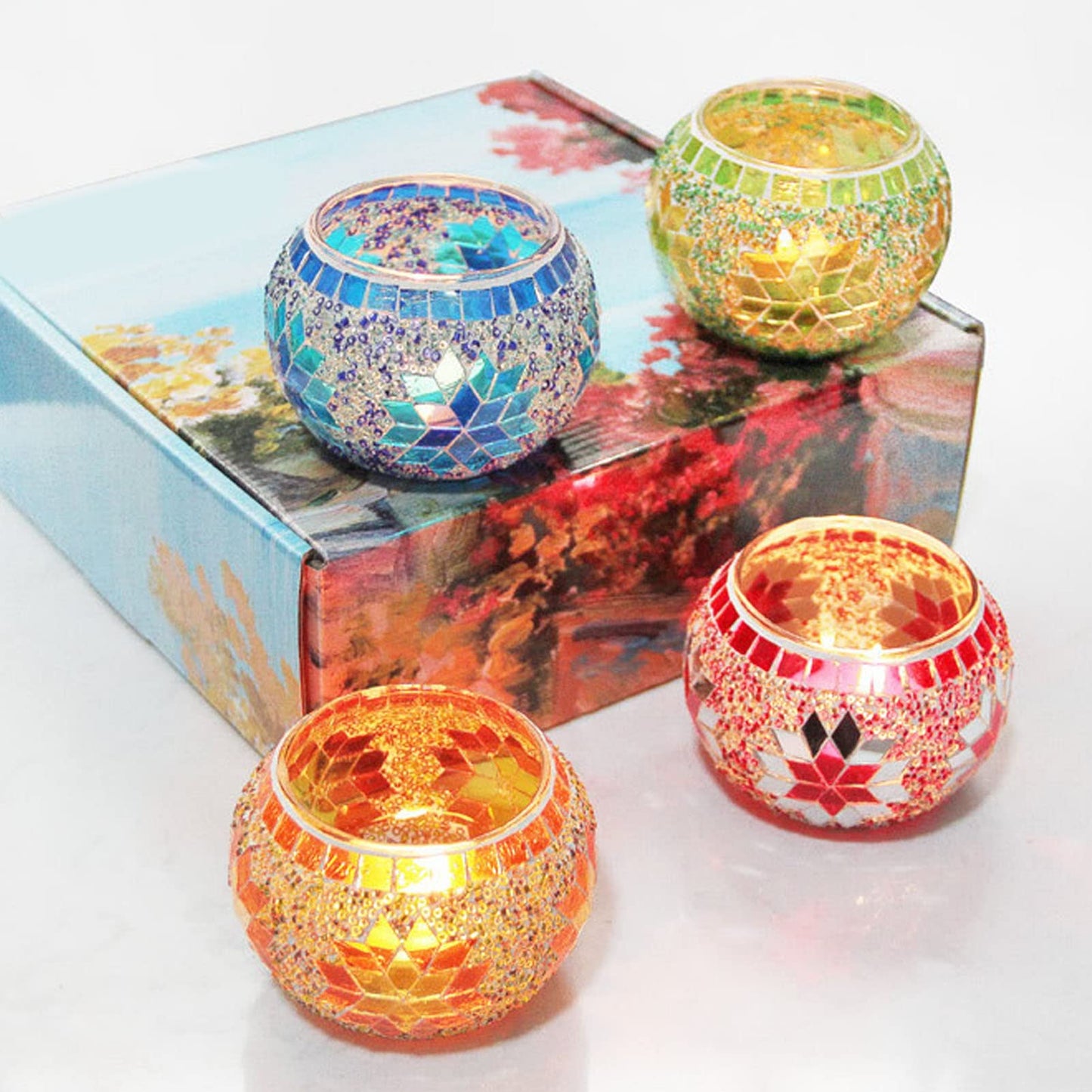 Generic 4Pcs Tea Light Candle Holder, Colourful Mosaic Glass Candlesticks Holder, Handmade Romantic Glass Tealight Cup for Aromatherapy Party Decor, Table Centerpieces