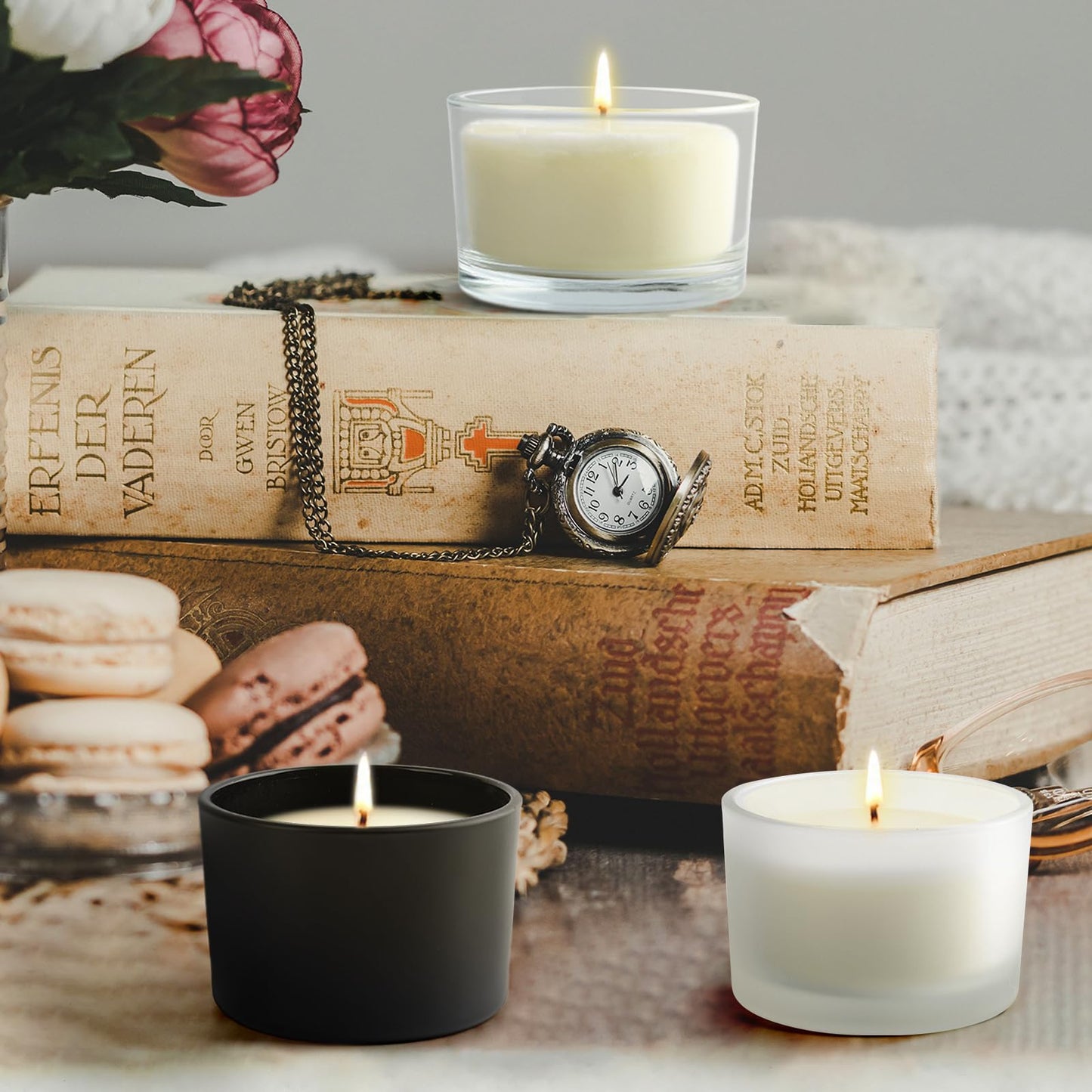SHOWIN Thick Candle Jars for Making Candles 20 Pcs, 4 OZ Empty Jars with Wood Lids for Candle Making, Sample Container, Frosted White