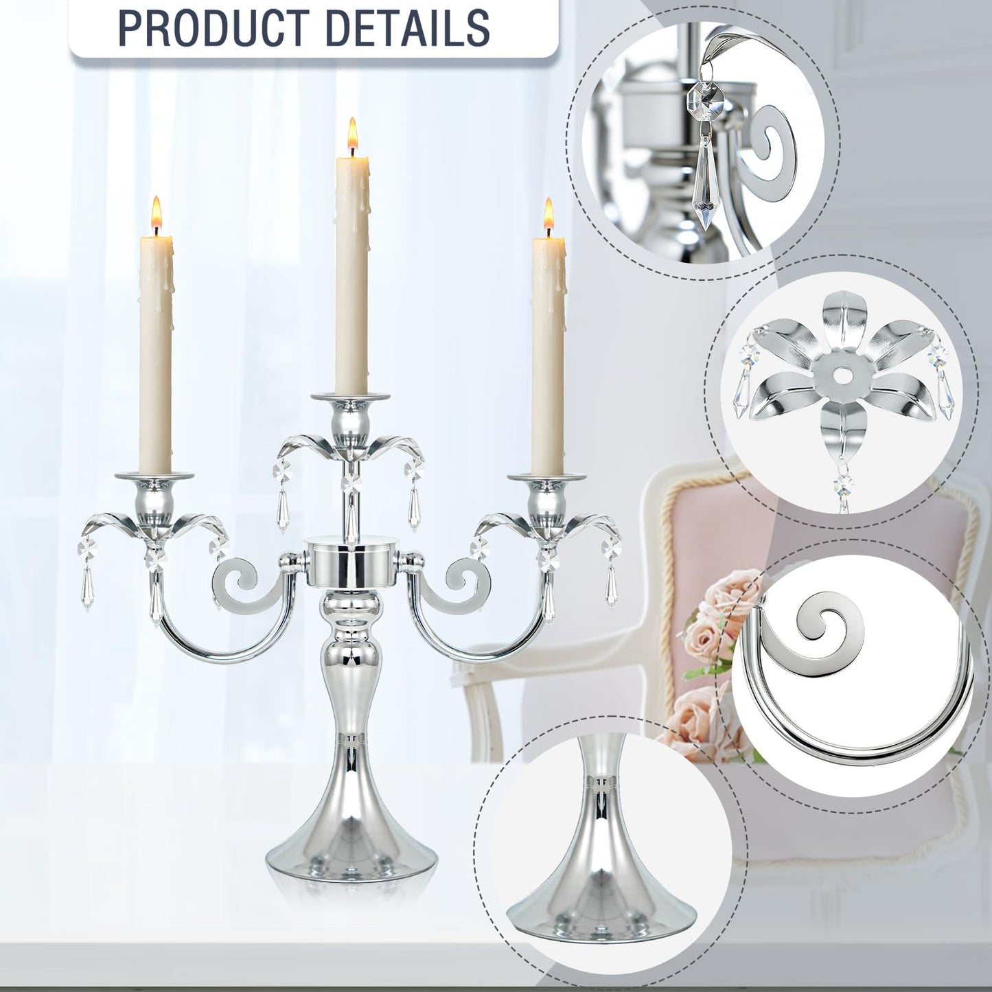 KEHAIL Metal 3 Arm Taper Candlestick Stand with Crystal Pendants - 11.8 Inch Tall Candle Holders, Elegant Centerpieces Candelabra for Wedding, Dining Table, Christmas Party (6Pcs, Silver)