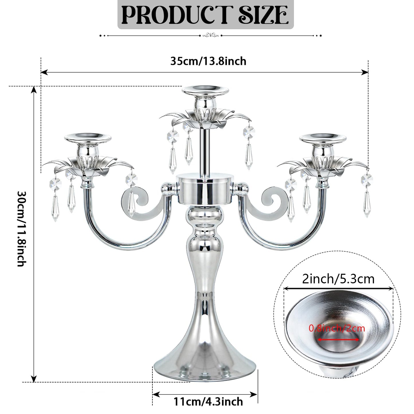 KEHAIL Metal 3 Arm Candelabra with Crystal Pendants - 11.8 Inch Tall Candle Holders, Set of 2 - Elegant Taper Candlestick Stand for Wedding, Dining Table, Christmas Party Home Decoration (2, Silver)