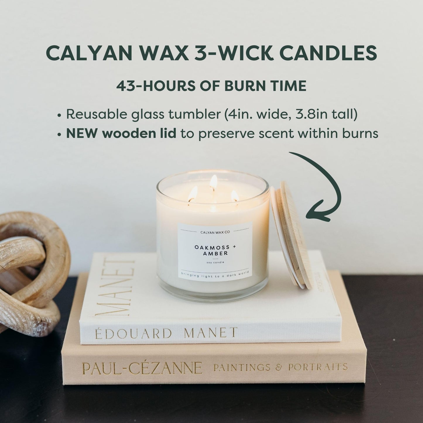 Calyan Wax Co. Rosewood & Amber 3 Wick Scented Candle - 43 Hour Burn - Luxury 3 Wick Soy Candles - Clean Soy Wax Candles - Long Lasting Large Glass Jar Candle for Home - 14.9oz