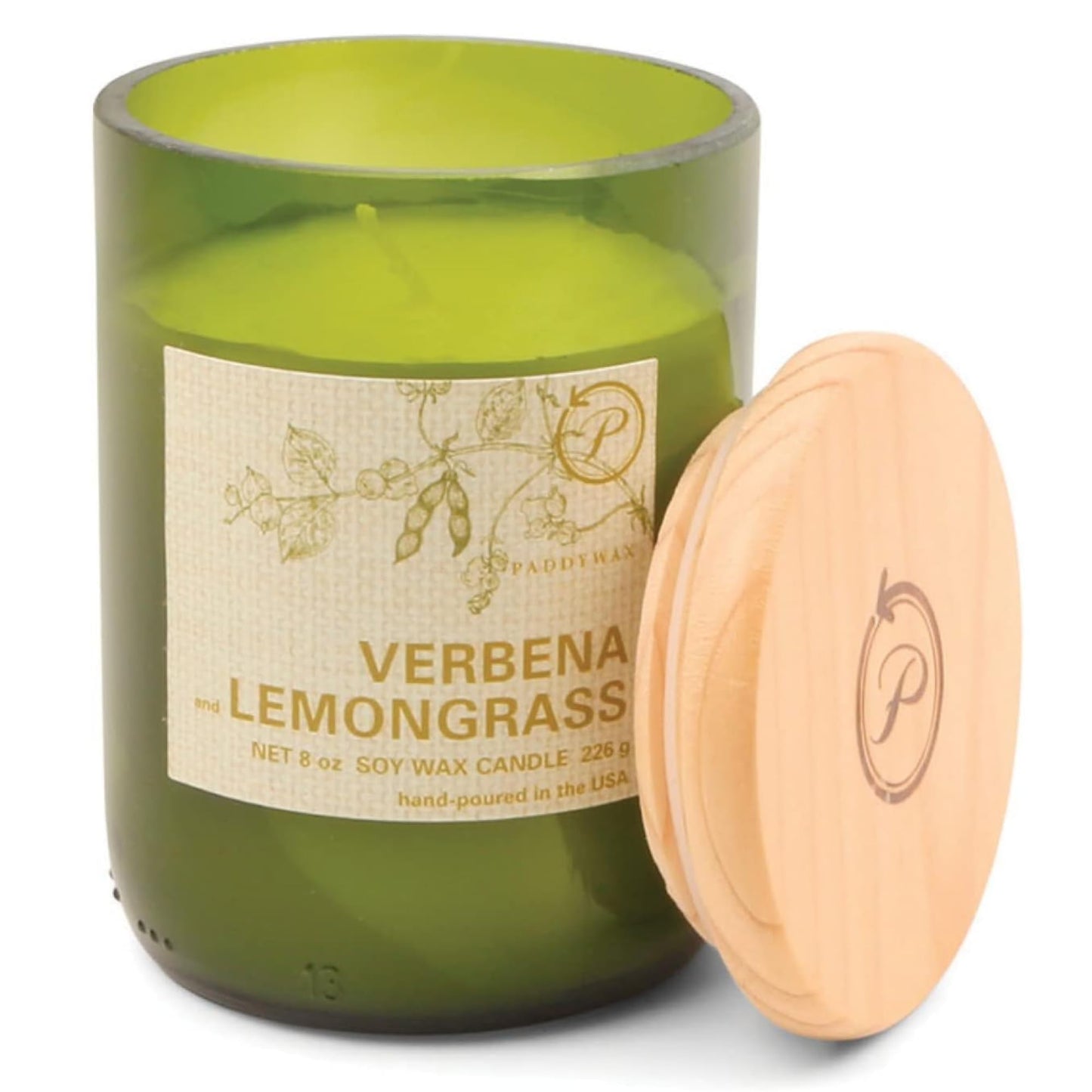 Paddywax Eco Collection Scented Soy Wax Candle in Glass Jar, Verbena & Lemongrass Fragrance, Green Vessel with Wood Lid, 8 oz