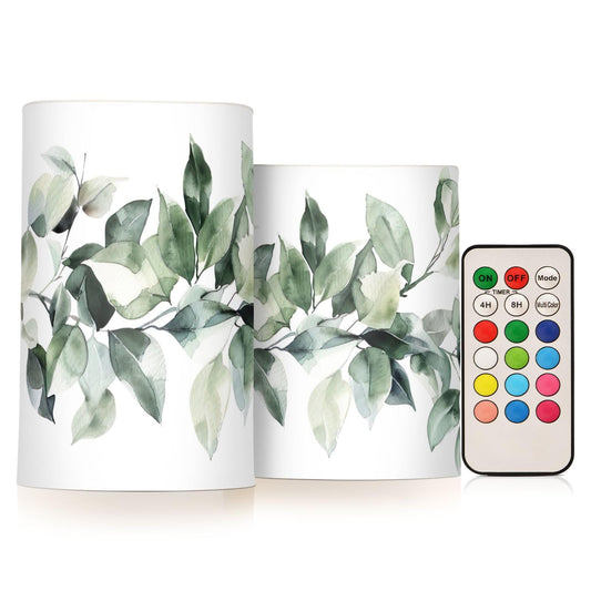 BOESI Watercolour Leaf Pattern Flameless Candles Color Changing LED Candles with Remote Control Battery Candles for Outdoor and Indoor Home and Room Decoration, 3'' x 4''/5'' Set of 2 Pieces