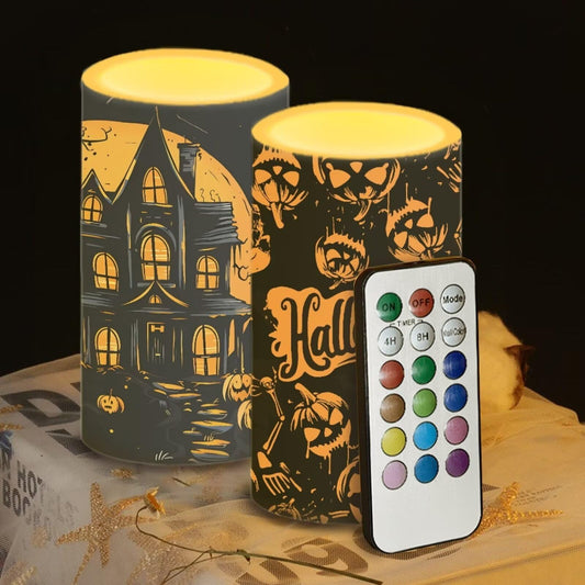 Luarisgur Haunted House LED Candles with Remote Timer Color Changing Control for All Saints' Day Decoration Set of 2 Flameless LED Candles Halloween Decorations