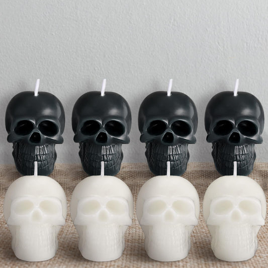 Nuanchu 8 Pcs Goth Skull Candles Set Black White Gothic Candles Vegetable Wax Candlestick Goth Home Decor for Halloween Xmas Haunted House Decoration