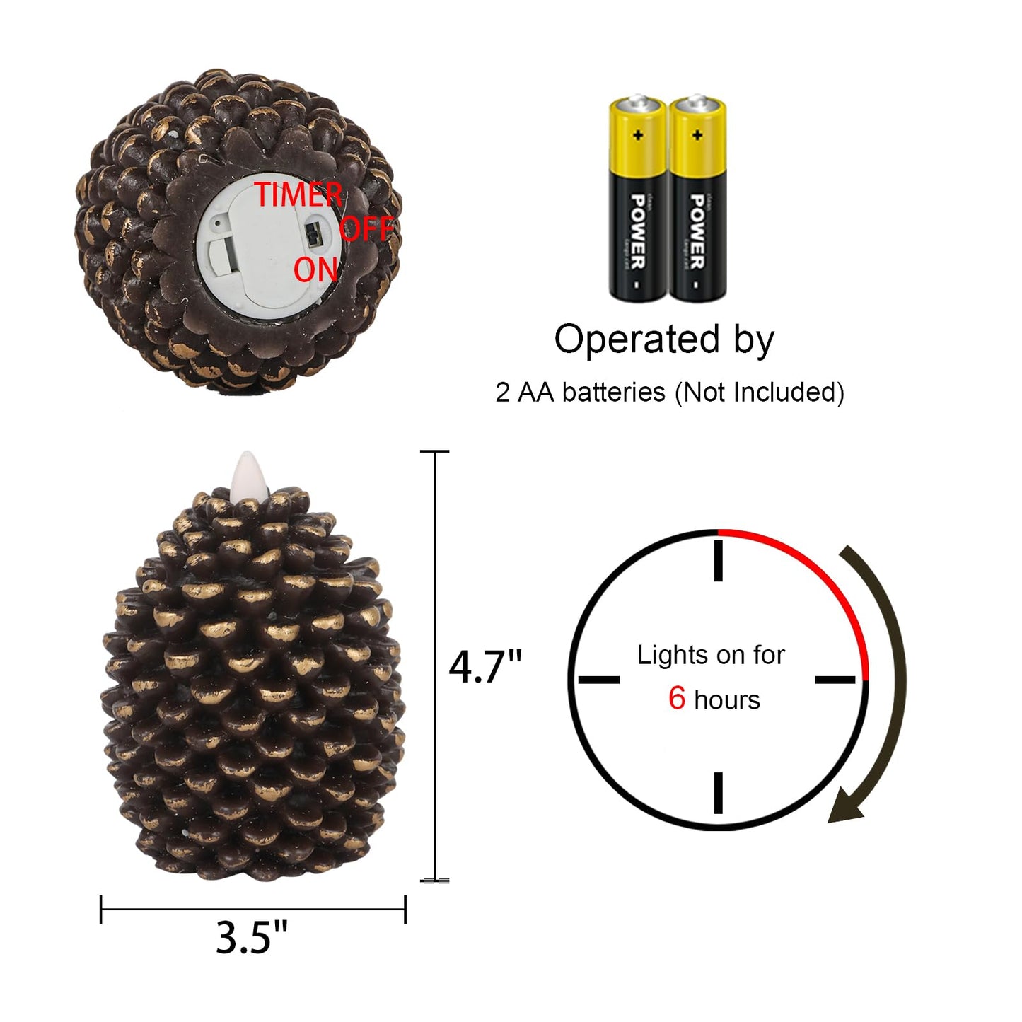 Eldnacele Christmas Flameless Candles with 6 Hour Timer, Battery Operated Hand Painted Pine Cone Real Wax 3D Wick Flickering LED Pillar Candles for Dinner Indoor Holiday Xmas Decor(2Pcs, D3×H5.7)