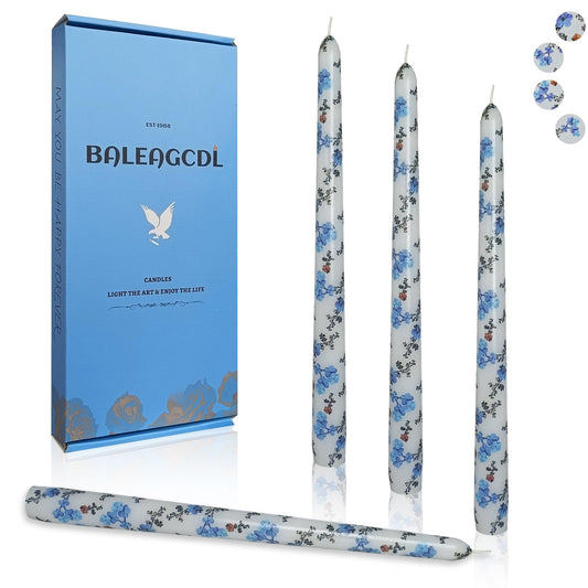 Floral Tapered Candle Forget-me-not Print Candles Handmade Unscented Candlesticks 10 Inch Smokelss Long Candle Sticks for Home Decor & Gifts Set of 4