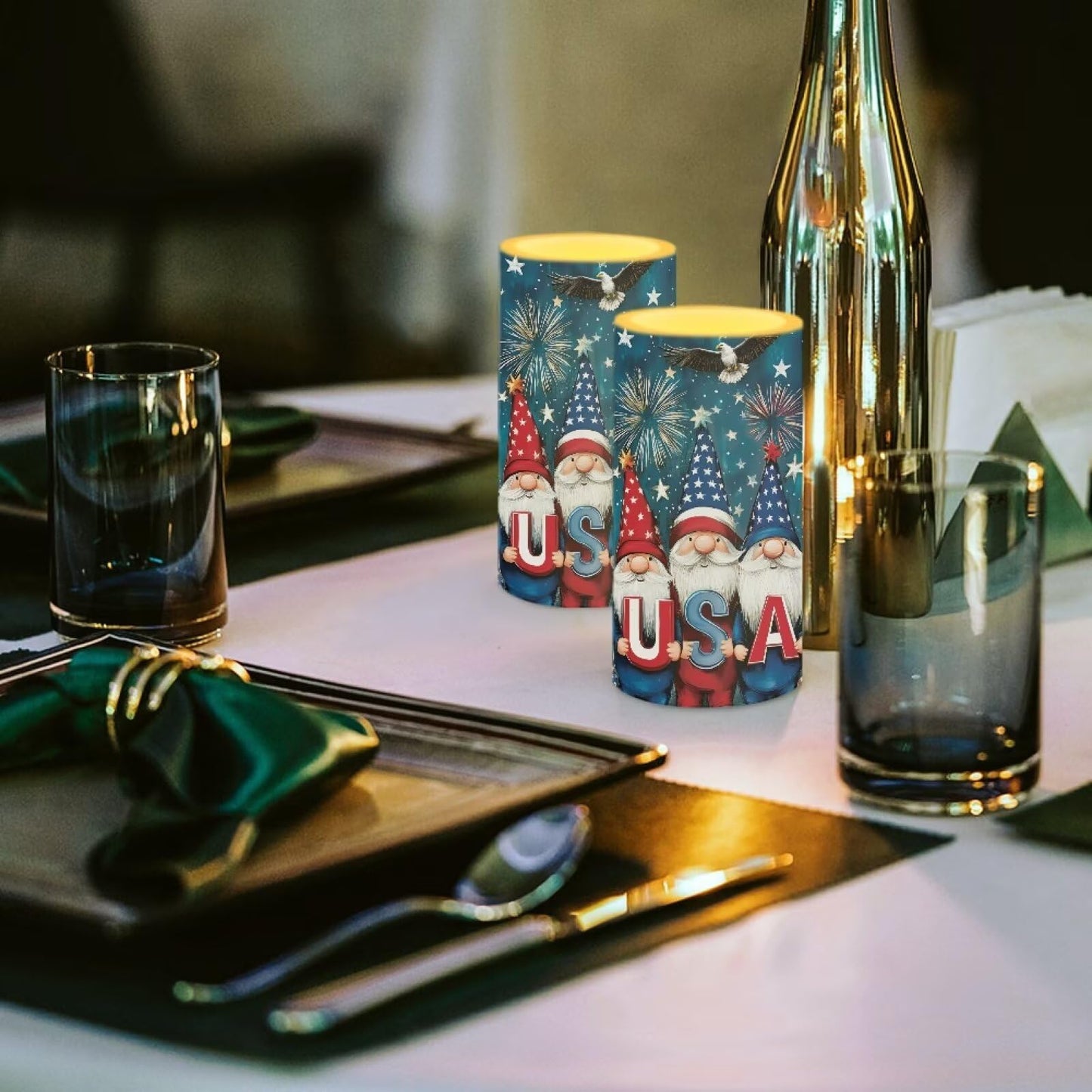 Luarisgur USA Flag Gnomes Battery Powered Candles with Remote and Timer Veterans Day Gifts Decorations LED Flameless Flickering Candles for Indoor Gifts Holiday Decor Home Party Festival Set of 2