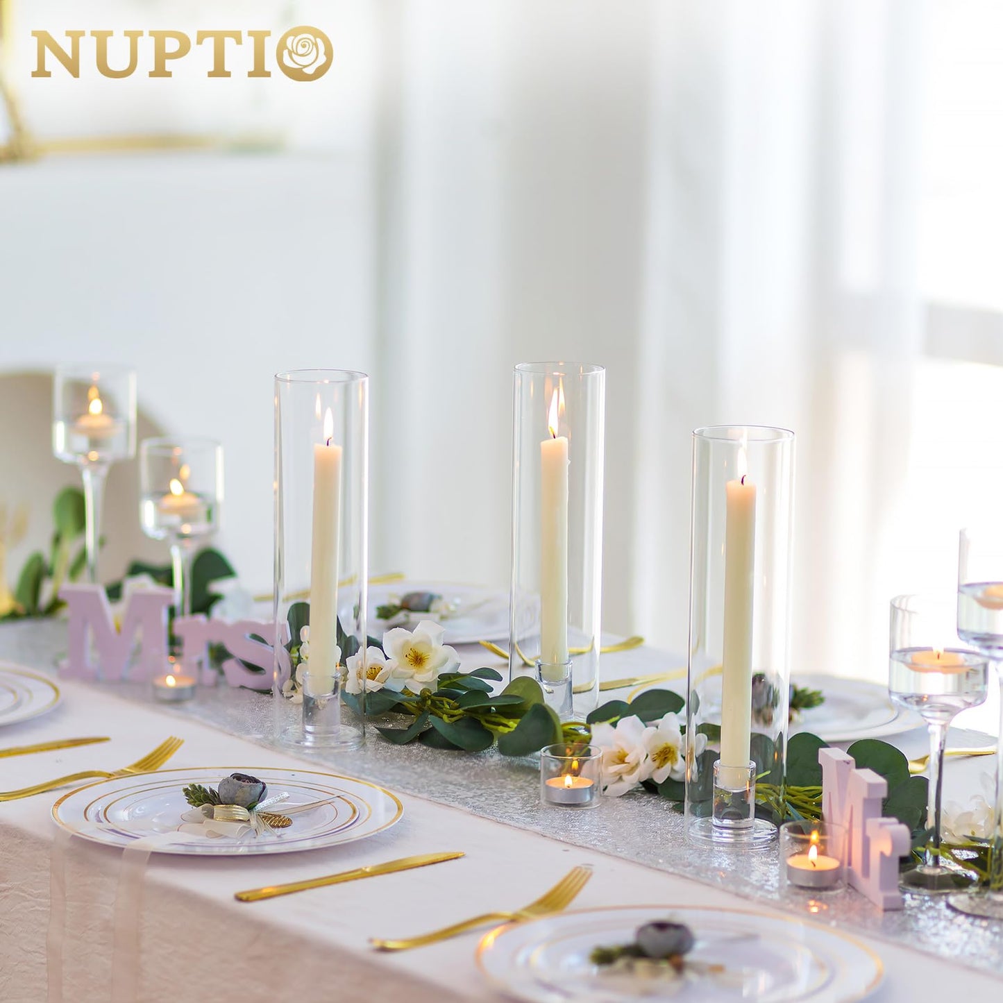 NUPTIO Taper Candle Holders Glass: Set of 10 Hurricane Candlestick Holder Bulk - Candle Stick Stand with Cylinder Sleeves for Thanksgiving Chrstmas Birthday Party Decor