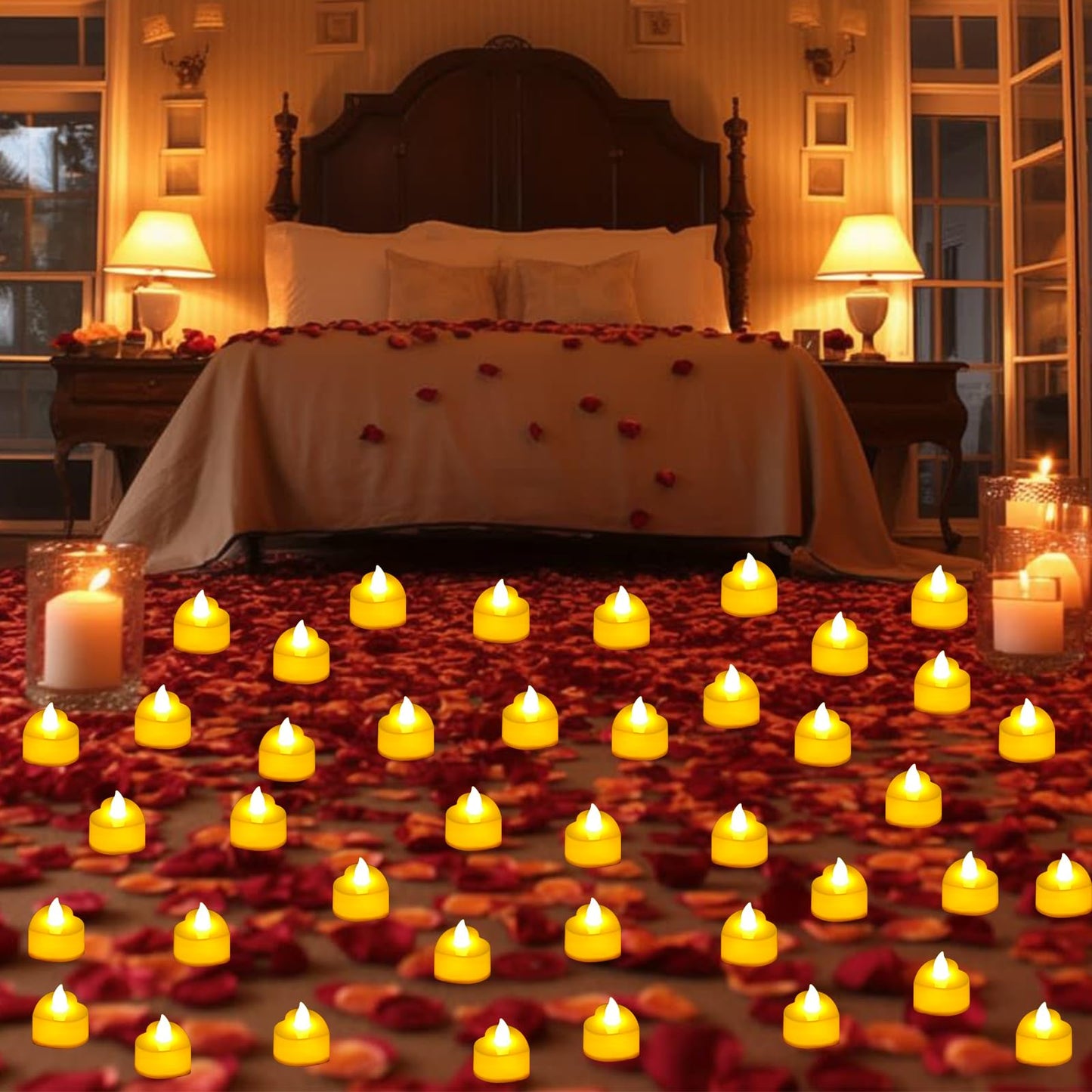 JMUQ 7000 Pieces Artificial Rose Petals with 72 Pieces Romantic Heart Led Tealight Candles, Rose Petals and Candles Set for Weddings Anniversaries Proposals Decor(Warm White Light)