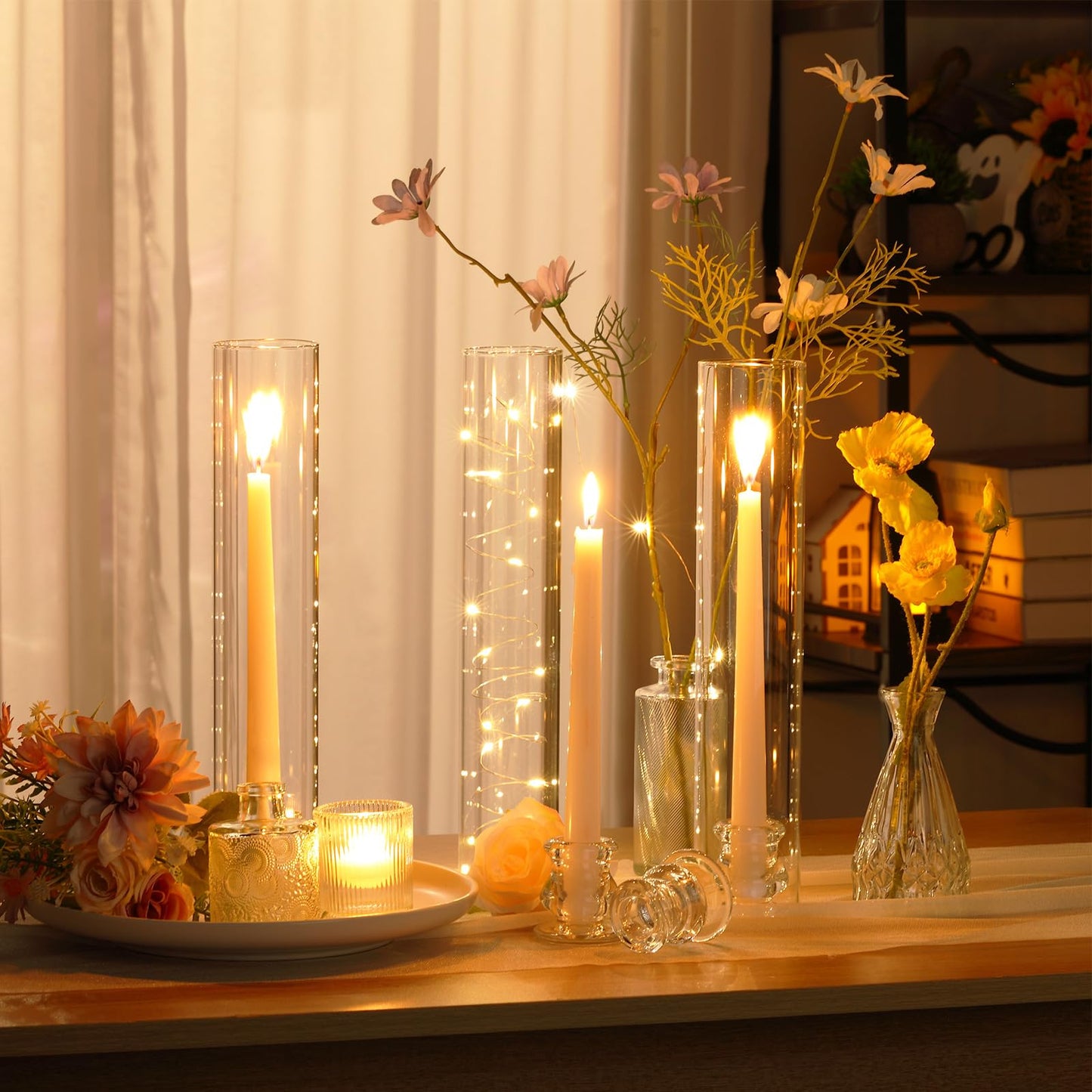 Teenyyou 8 Set Glass Hurricane Candle Holders Bulk 12.6" Open Ended Glass Candleholder Tube Shape Bottomless and 2.2" Taper Clear Candlestick Holders for Wedding Table Centerpiece (Clear)