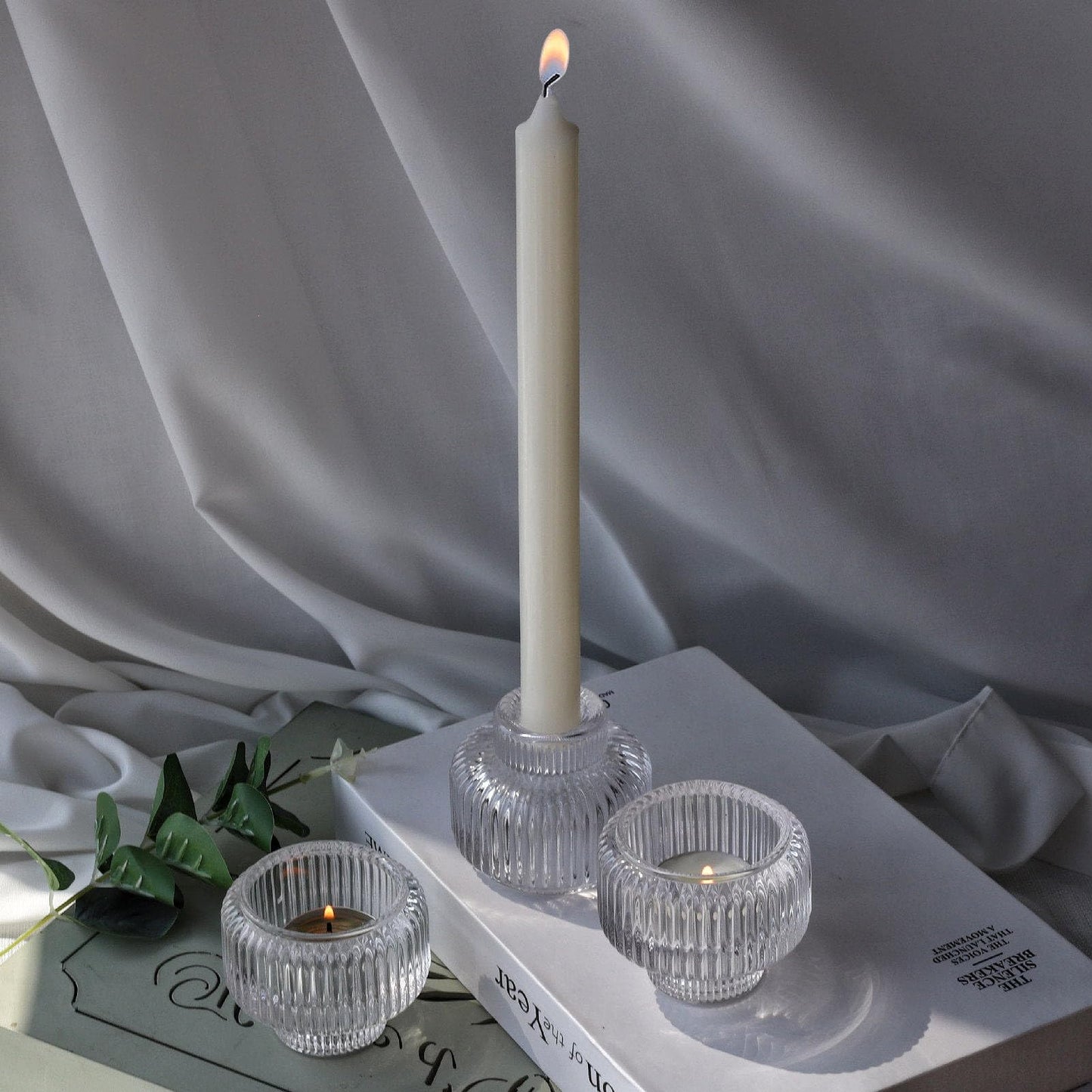 Woho Candle Stick Candle Holder Set of 4, Clear Taper Candle Holders for Wedding Table Centerpiece, Ribbed Glass Votive Candle Holders for Christmas Party Home Decor