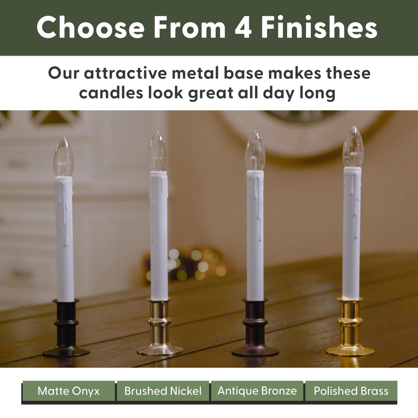 612 Vermont Ultra-Bright LED Window Candles with Timer, Battery Operated, Metal Base, White Candlestick, Adjustable Height (Pack of 4, Brushed Nickel)
