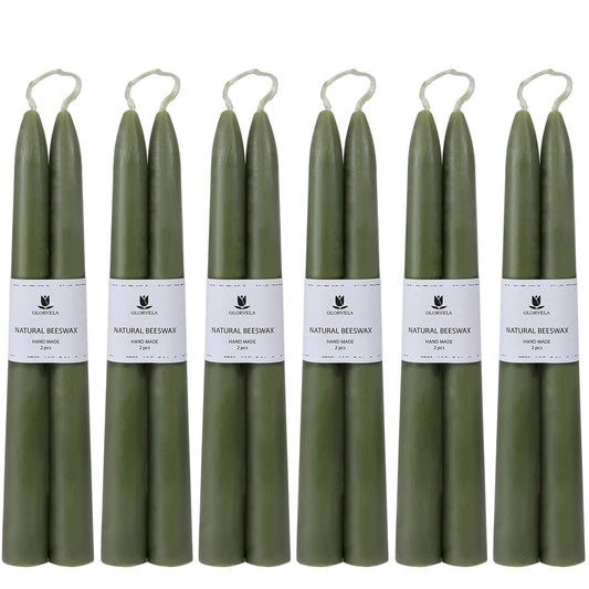 Olorvela Green Beeswax Taper Candles,8" Long Candlestick,smokeless dripless unscented Natural Beeswax Candles.for Gift,Mother's Day (Green, 12 Pack)