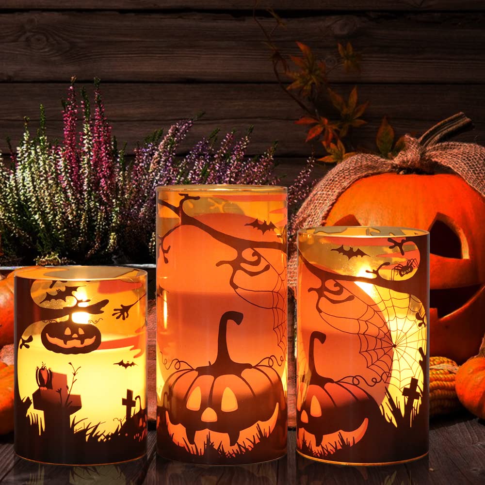 Eldnacele Halloween Flameless Candles with Remote Pumpkin, Spider Web Decal and Castle Decals Battery Operated Real Wax Flickering Glass Pillar Candle for Spooky Halloween Decor 3 Pack