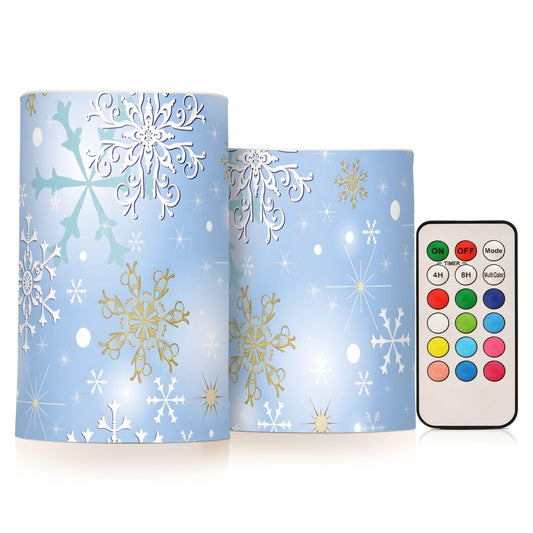 Christmas Lights Decorations Flameless Candles Christmas Silver Snowflake Pillar Candles Set of 2 Battery Operated Remote Control Warm Lights