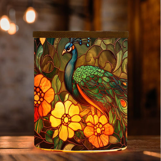 Peacock Stained Glass Tea Light Candle Jar Candlesticks, Animal LED Tealight Candleholder, Colorful Flowers Tealight Candle Holders with Bamboo Lid for Table Centerpiece Party Decor