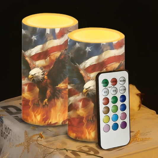 Luarisgur Eagle Flag Flameless Candles 2 Pack 6 x 3 inch Veterans Day USA Flag Battery Operated Candles with Multicolor Timer Remote Control LED Fake Candles for Warm Light Dinner Table Home Decor
