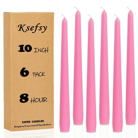 Ksefey 10 Inch Pink Taper Candles Set of 6 - Dripless,Unscented,8 Hours Burn Time-Perfect for Wedding,Dinner,Party and Home Decor